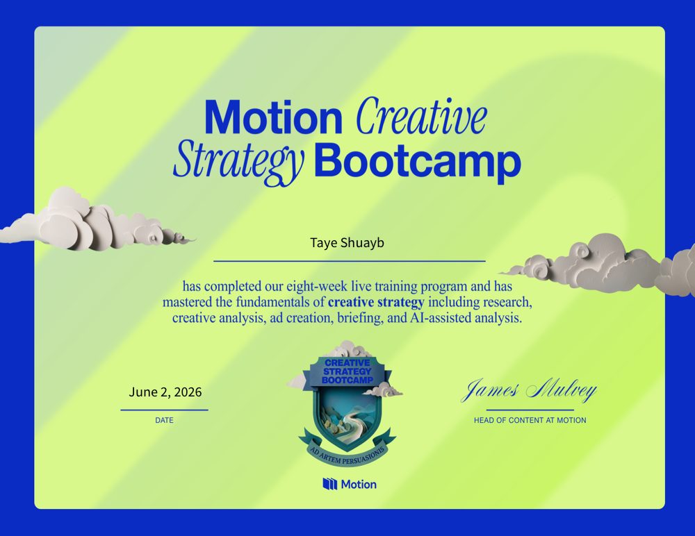 Motion Creative Strategy Bootcamp certificate
